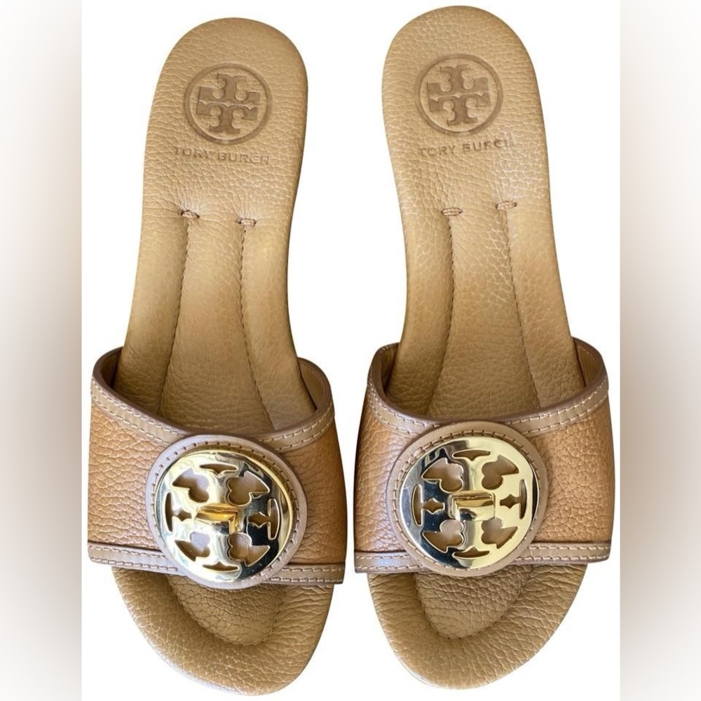 Tory Burch Selma Tan Pebble Leather Wedge Slide Sandals